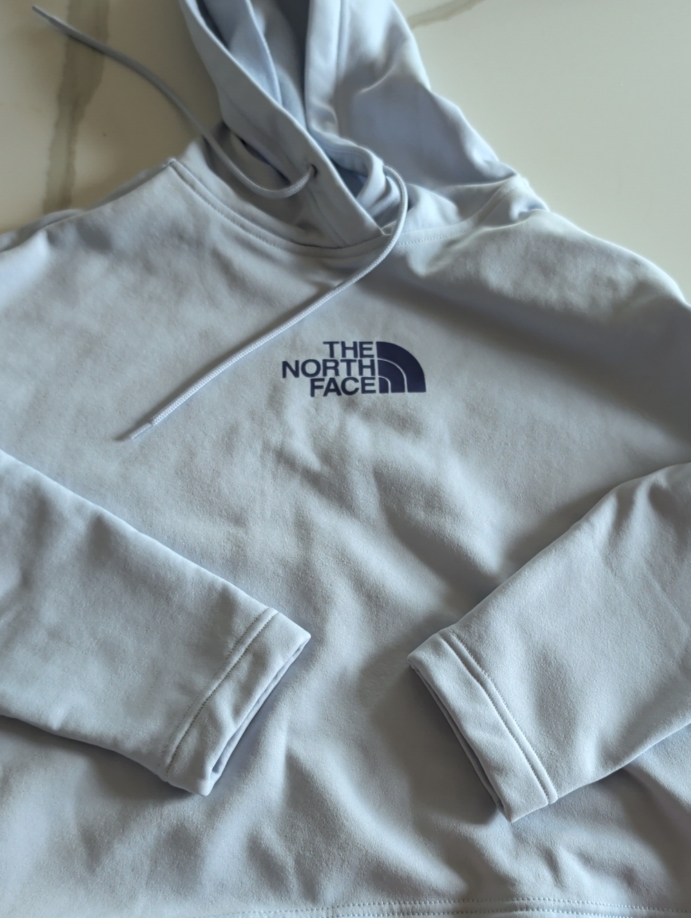 The North Face Light Blue Crewneck Hoodie with Navy Logo